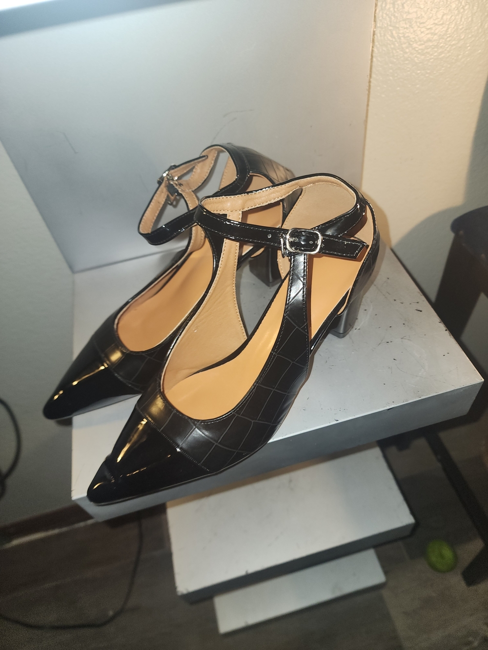 Patent Black T-Strap Pointed Toe Mid Heel Pumps